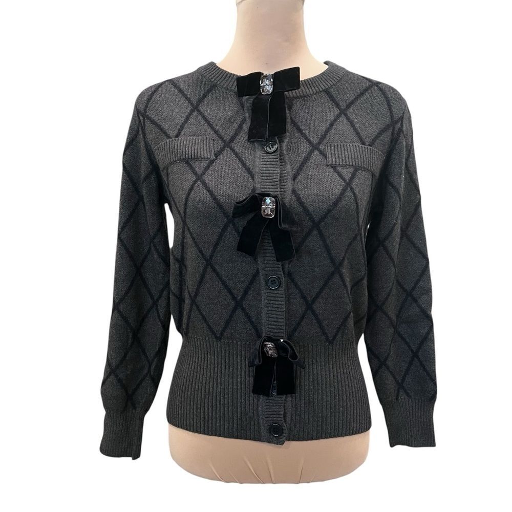 Nancy Yang Diamond Knit Cardigan Velvet Bow Jewel Button Sweater Gray Small NEW